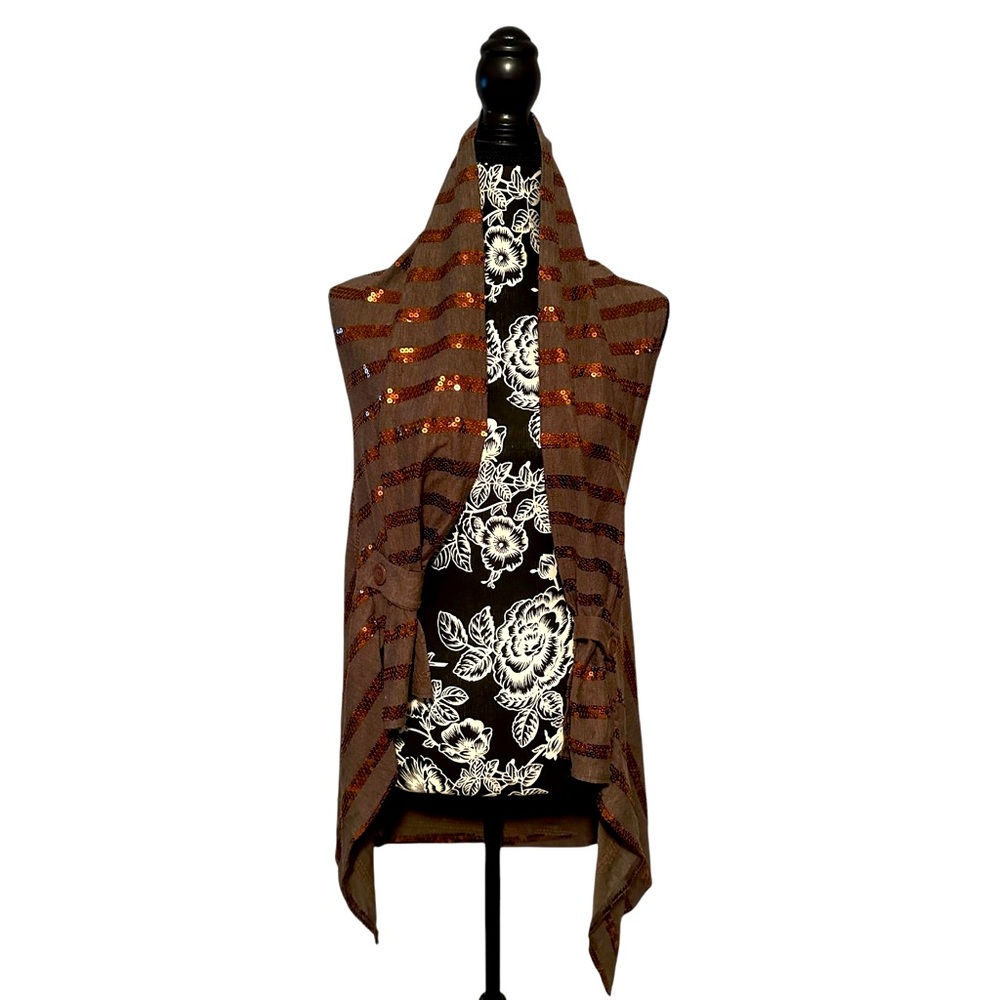 Women’s Stripe Coppery-Bronze Sequins Cascading Lapels Vest-Size L